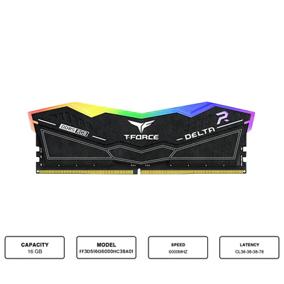 Teamgroup T-Force Delta RGB 16GB (1X16GB) DDR5 Intel XMP 6000MHZ CL38-38-38-78 1.25V Gaming Desktop Memory (Black) (FF3D516G6000HC38A01)